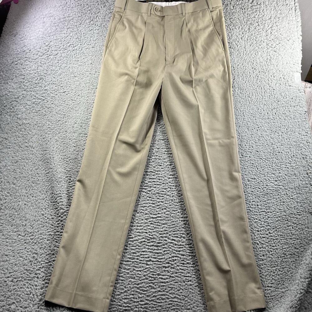 Peter Christian Men's 100% Wool Trousers 34x33 Tan Taupe Pleated Dress Pants